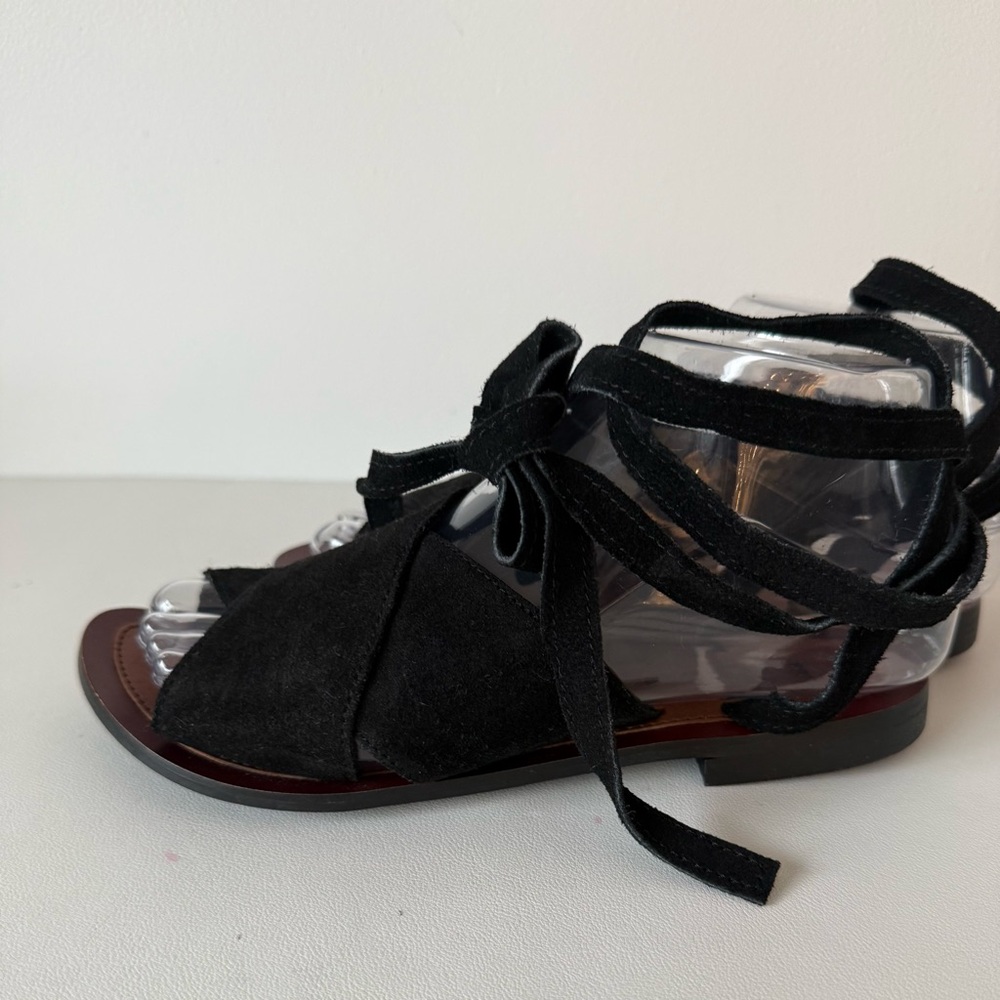 Hibou Bohemian Black Suede Ankle Wrap Flat Sandals | Lace-Up Open Toe NWT - Picture 4 of 13